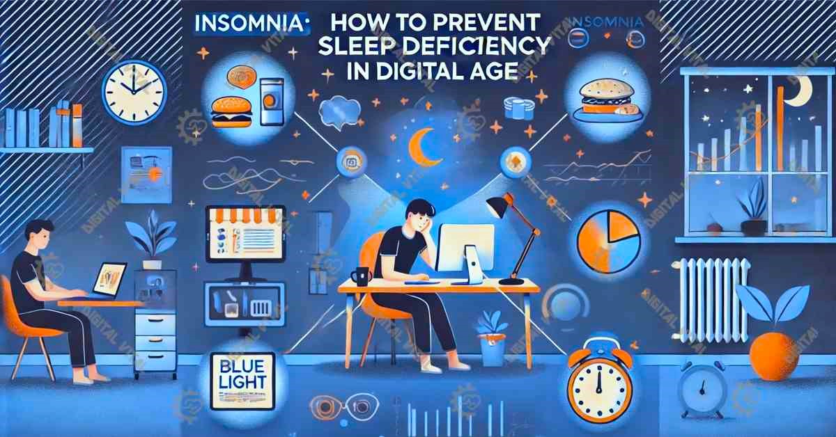 insomnia, digital age, infographic, blue light exposure, electronic devices, sleep deficiency, physical exercise, poor diet, better sleep, health solutions, digital health