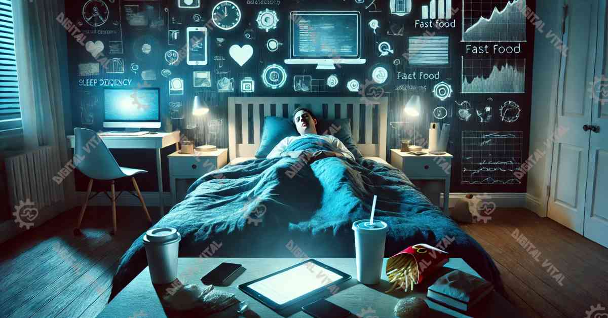 insomnia, blue light exposure, electronic devices, sleep deficiency, physical exercise, poor diet, sugary diet, better sleep, health solutions, digital health